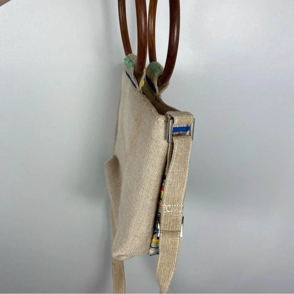 Lulu Canvas Handbag Boho Wooden Handles Aztec Print Multicolor with Strap - Picture 7 of 7